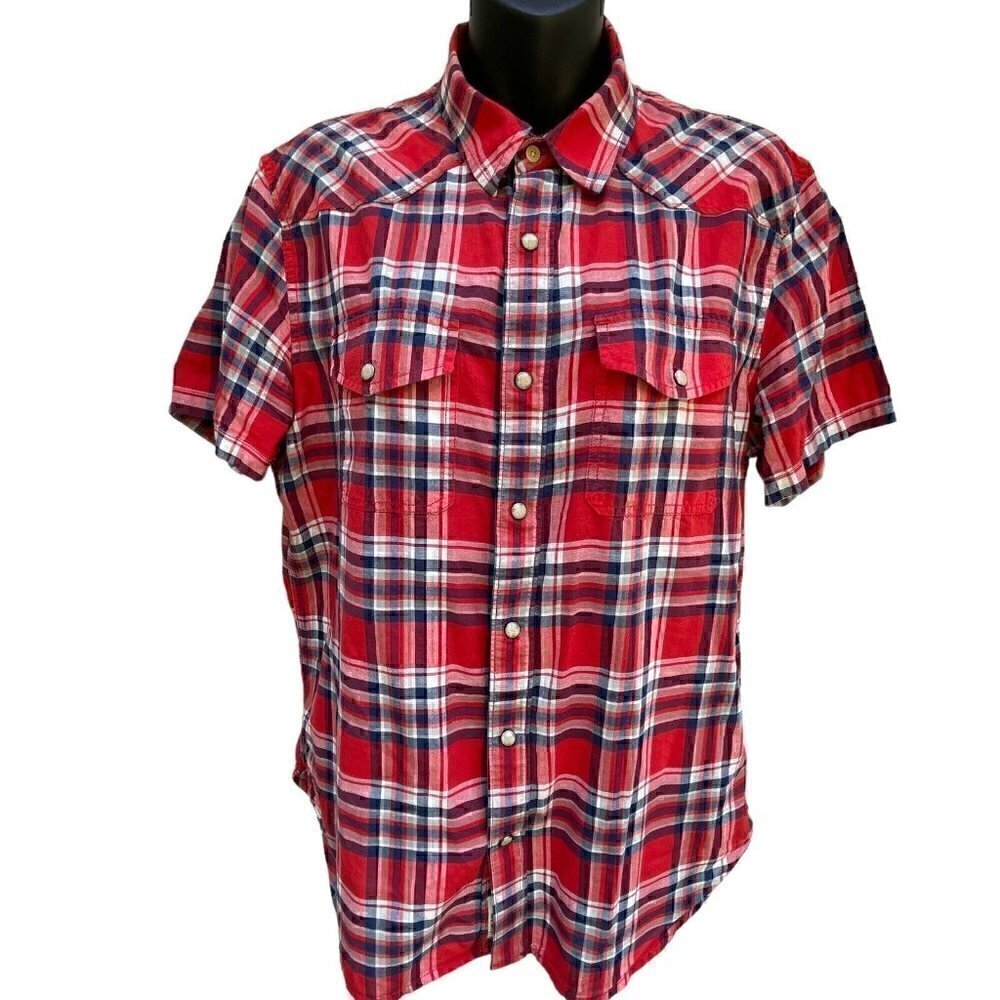 Lucky Brand Western Short Sleeve Pearl Snaps Classic Fit Plaid Red Blue Men’s M